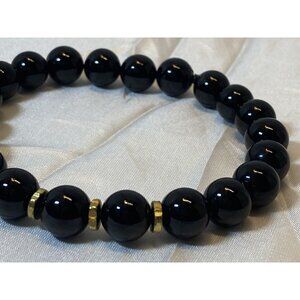 Black Stone Beaded Men’s Bracelet Stretch Cord Goldtone Accent Spacers 7.75"